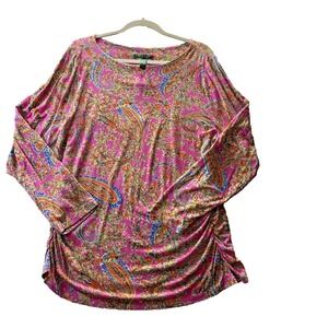 NWT Lauren Ralph Lauren Multi Island Pink Long Sleeve Ruched Top Womens Sz 2X